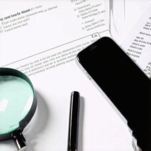 Personal examining credit report with magnifying glass