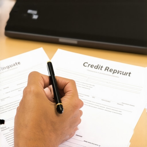 Reviewing Credit Report Disputes Person analyzing credit report documents for discrepancies with a pen.