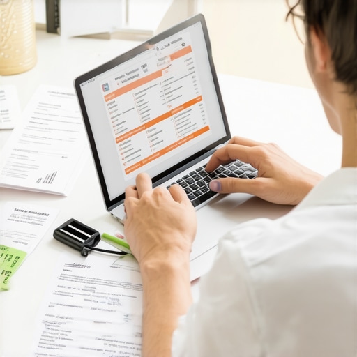 Person analyzing credit report and utility bills on a laptop to improve credit score.
