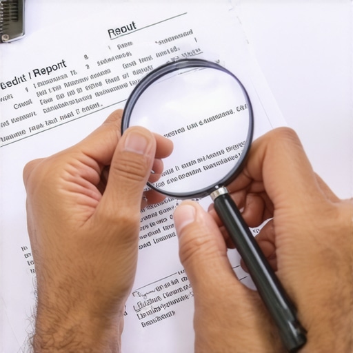 Person examining credit report for inaccuracies with magnifying glass.