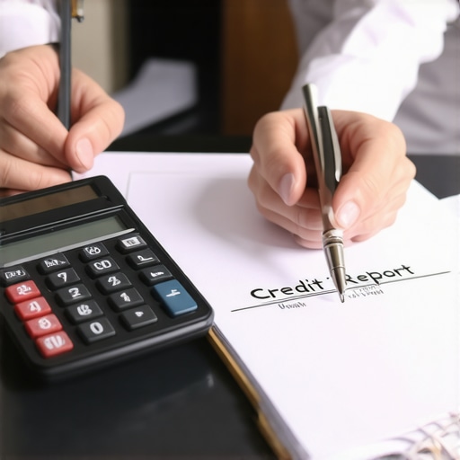 Person analyzing credit report with financial tools
