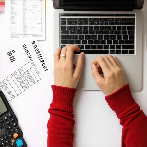 Person analyzing credit report and financial documents on a laptop.