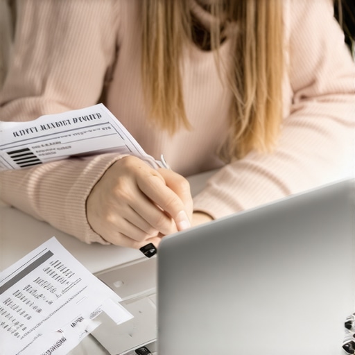 Person analyzing credit reports and financial documents on a laptop
