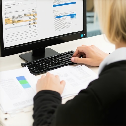 Person analyzing credit reports on a laptop surrounded by financial documents