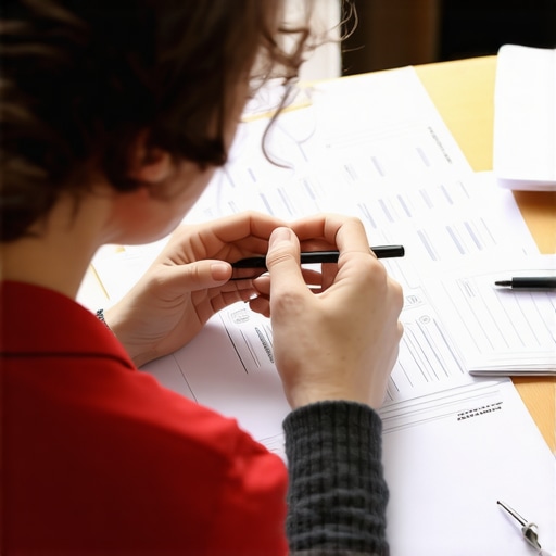 A person analyzing credit documents with a calculator and laptop