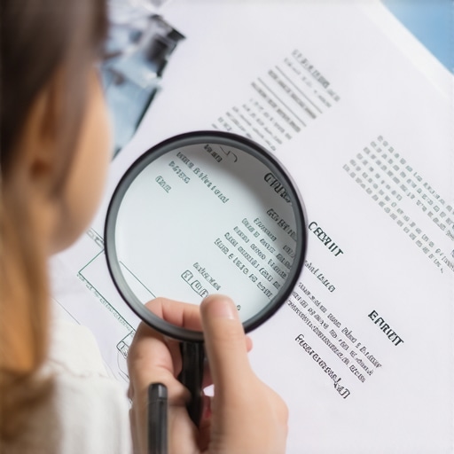 Individual analyzing credit report documents with a magnifying glass.