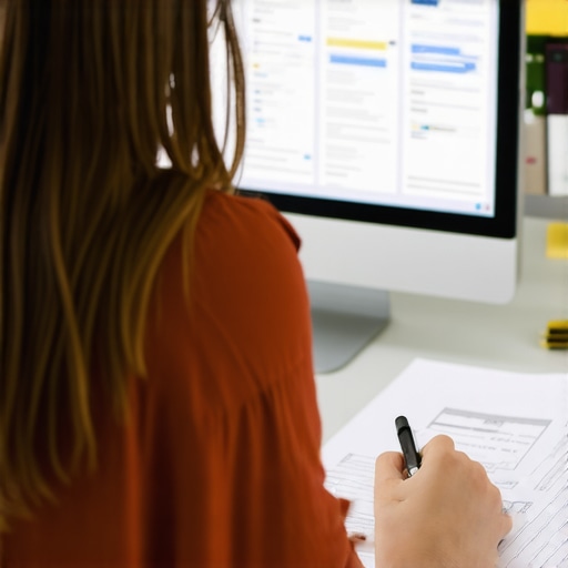 Person analyzing credit report documents on computer screen with credit-related paperwork