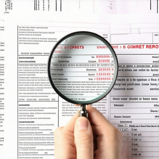 Reviewing Credit Reports for Errors Person examining credit report with magnifying glass, identifying errors