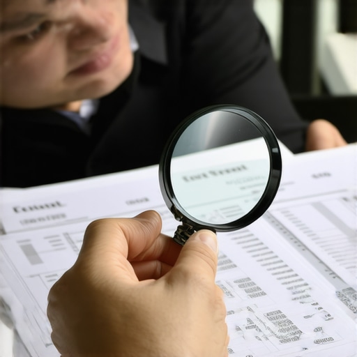Person analyzing credit report documents closely with a magnifying glass.