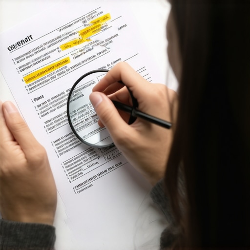 Individual scrutinizing credit report documents with a magnifying glass.