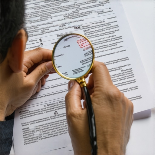 Person examining credit report documents closely with a magnifying glass