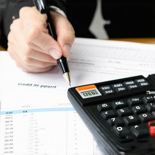 Person analyzing credit report documents with financial tools