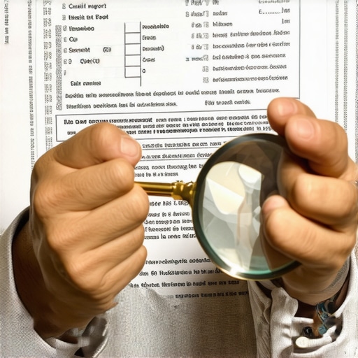 Person examining credit report details closely, highlighting importance of accuracy in credit management.