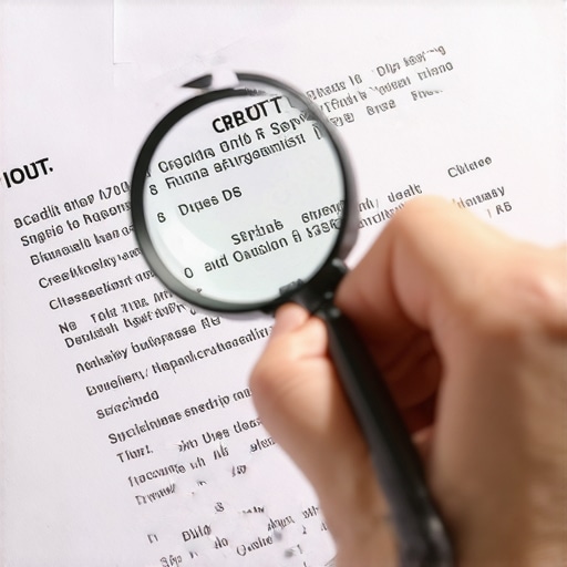 Individual analyzing credit report with magnifying glass for unauthorized inquiries.