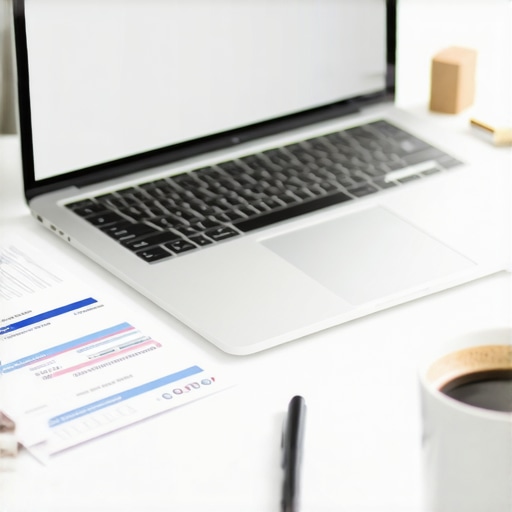 Laptop displaying credit score tracking software on a tidy desk with financial tools.