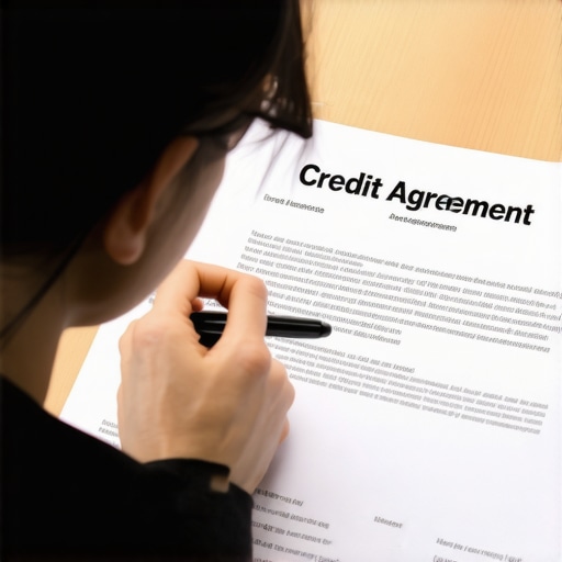Person examining a credit contract closely with a magnifying glass to spot details and authenticity.