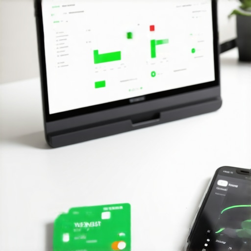 Professional workspace featuring credit monitoring tools and a rising credit score graph.