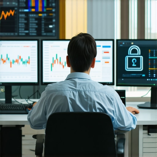 A desk with financial monitors and a padlock icon representing credit security and maintenance.