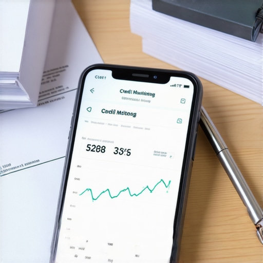 Smartphone showing credit score growth and financial planning tools on a desk.