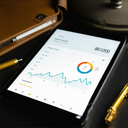 Advanced Credit Score Monitoring Dashboard A digital tablet displaying a rising credit score graph and professional financial tools.