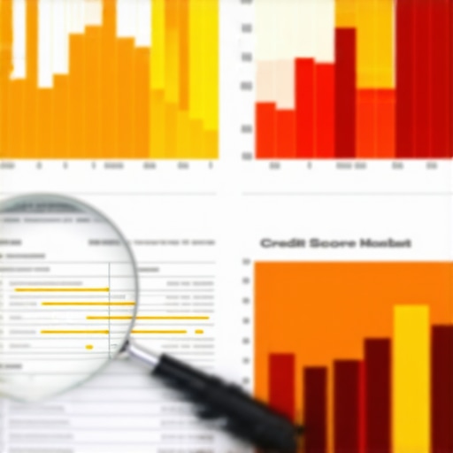 A magnifying glass focusing on credit report details with multiple score charts in the background.