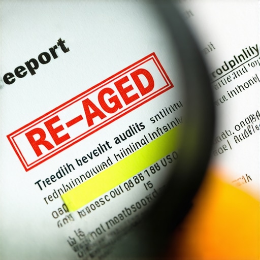 A magnifying glass inspecting a credit report for fraudulent re-aging errors.