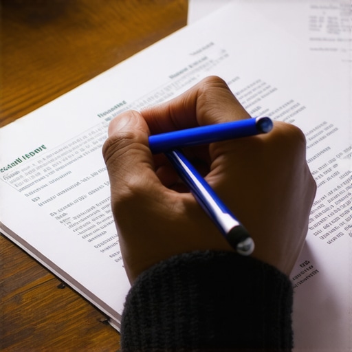A person using a blue pen to highlight inaccuracies on a printed credit report to prepare for a factual dispute.
