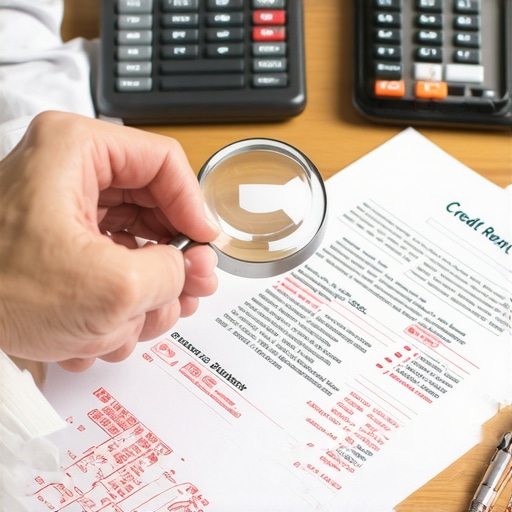 A person using a magnifying glass to inspect details on a credit report for errors and dates of activity.