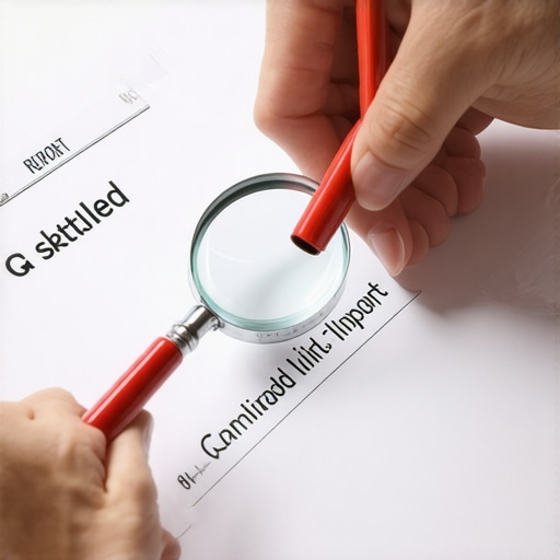 Credit report analysis with red pen and magnifying glass over debt status.