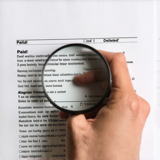 Hand with magnifying glass focusing on credit report details.