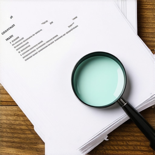 Stack of financial documents with a magnifying glass for a credit audit.
