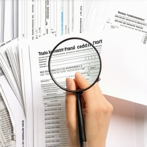 Person auditing a paper trail of credit reports and bank statements to find errors.