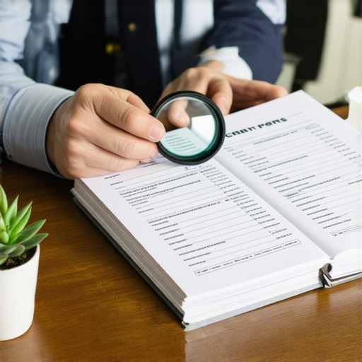 A person using a magnifying glass to audit paper credit reports for errors and discrepancies.