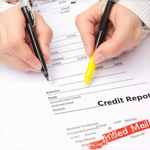 A person highlighting errors on a physical credit report with a magnifying glass on a wooden desk.