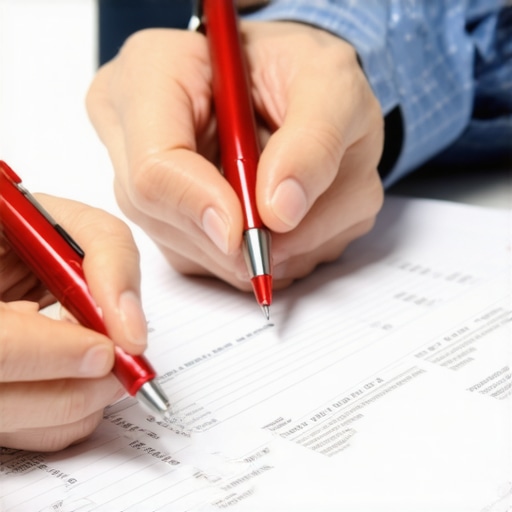 Person using a red pen to mark errors on a paper credit report.