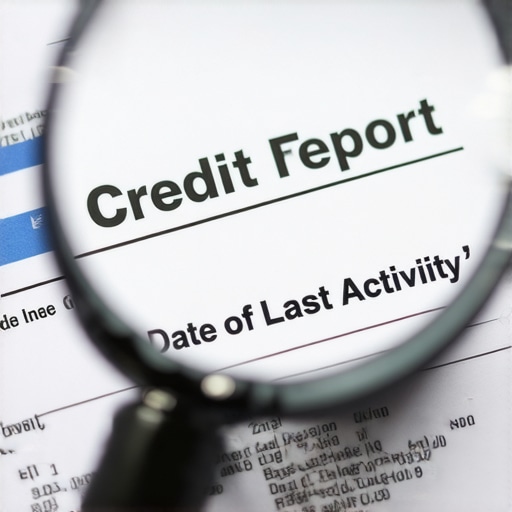 A magnifying glass inspecting detailed line items on a credit report to identify re-aged debt.