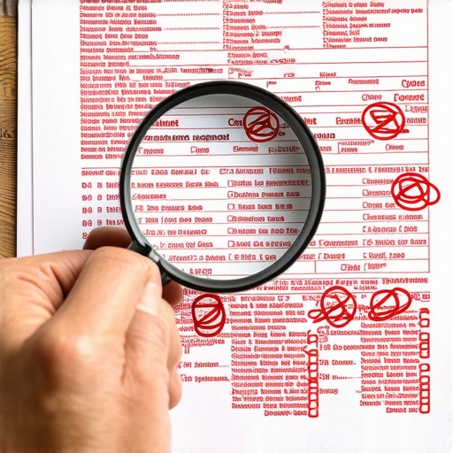 A person circling identity errors and address typos on a physical credit report with a red pen.
