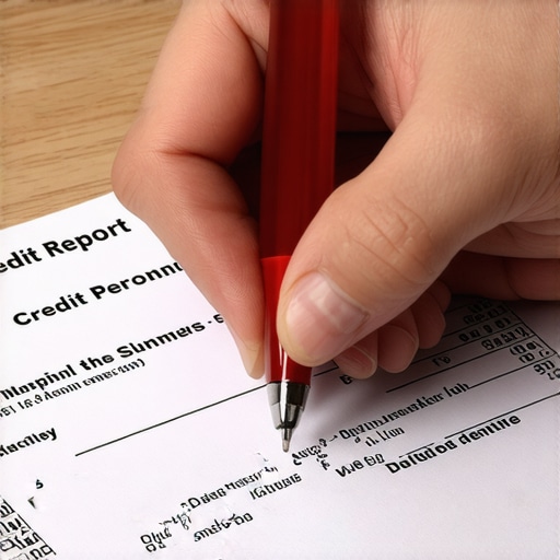A person uses a red pen to highlight inaccuracies on a printed credit report document.