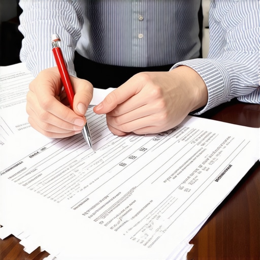 Close-up of hands marking errors on a credit report with a red pen.