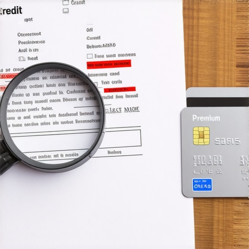 Credit report with errors highlighted and a premium credit card on a desk