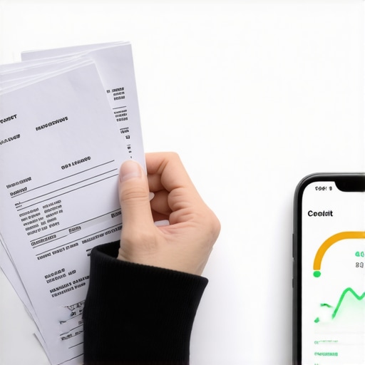 Bill reporting for credit score boost Smartphone showing credit score growth next to rent and utility receipts.