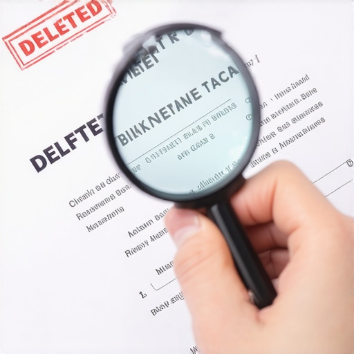 A hand holding a magnifying glass over a credit report with evidence documents.