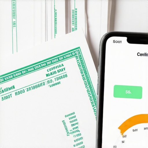 Close up of certified mail receipts next to a smartphone showing a credit score boost