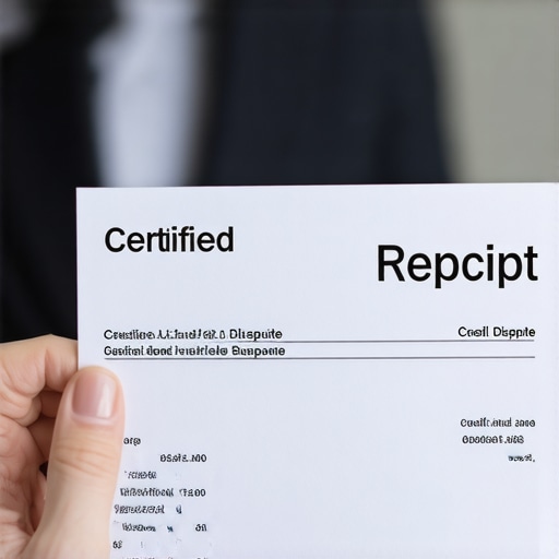 Certified mail receipt held in hand for credit dispute documentation.