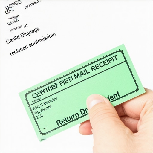 A hand holding a certified mail receipt used for disputing credit report errors.