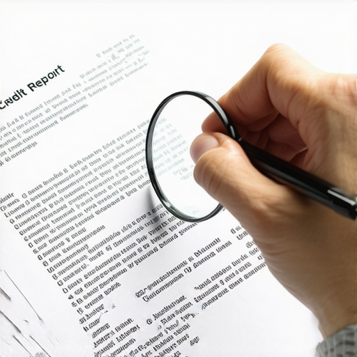 A detailed view of someone finding errors on a credit report with a magnifying glass.
