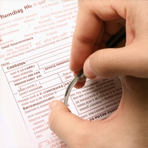 A person using a magnifying glass to inspect errors on a printed credit report