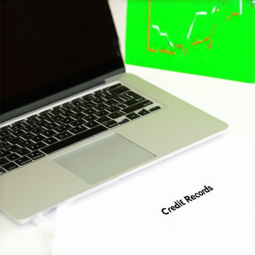 A desk with a laptop showing a credit score graph and a file folder for credit record maintenance.