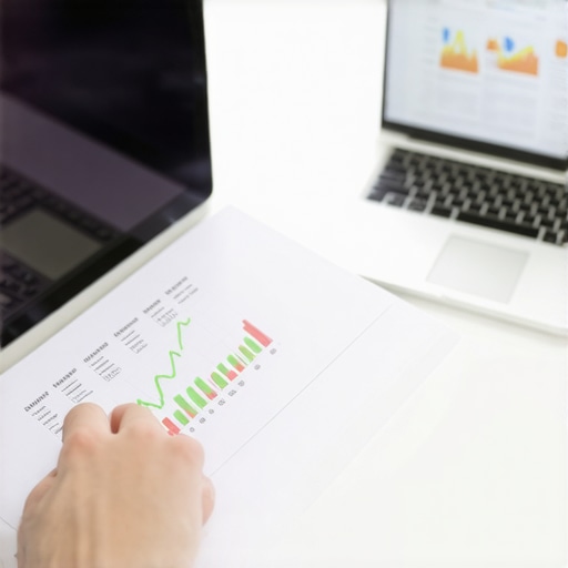 Person organizing credit documents and monitoring scores on a laptop