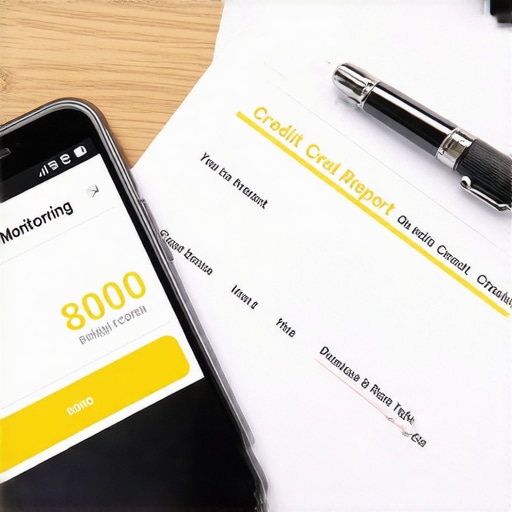 A smartphone showing a high credit score next to a physical credit report on a desk.